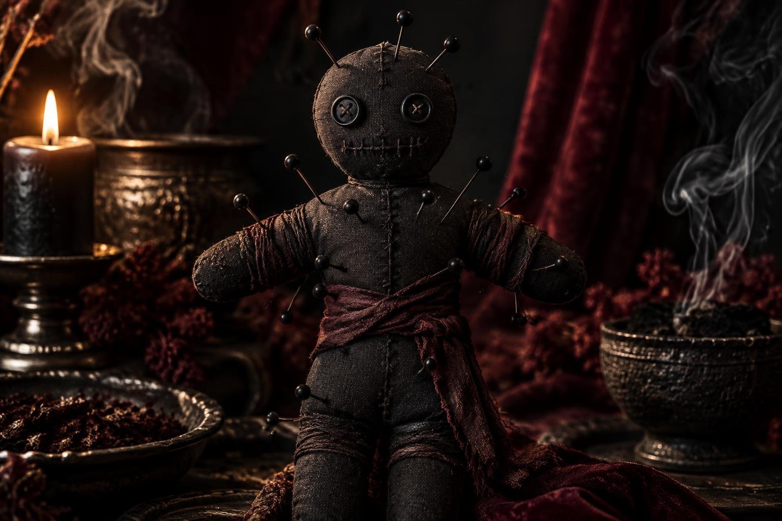 Black cloth voodoo doll with black pins in a cinematic burgundy spiritual setting