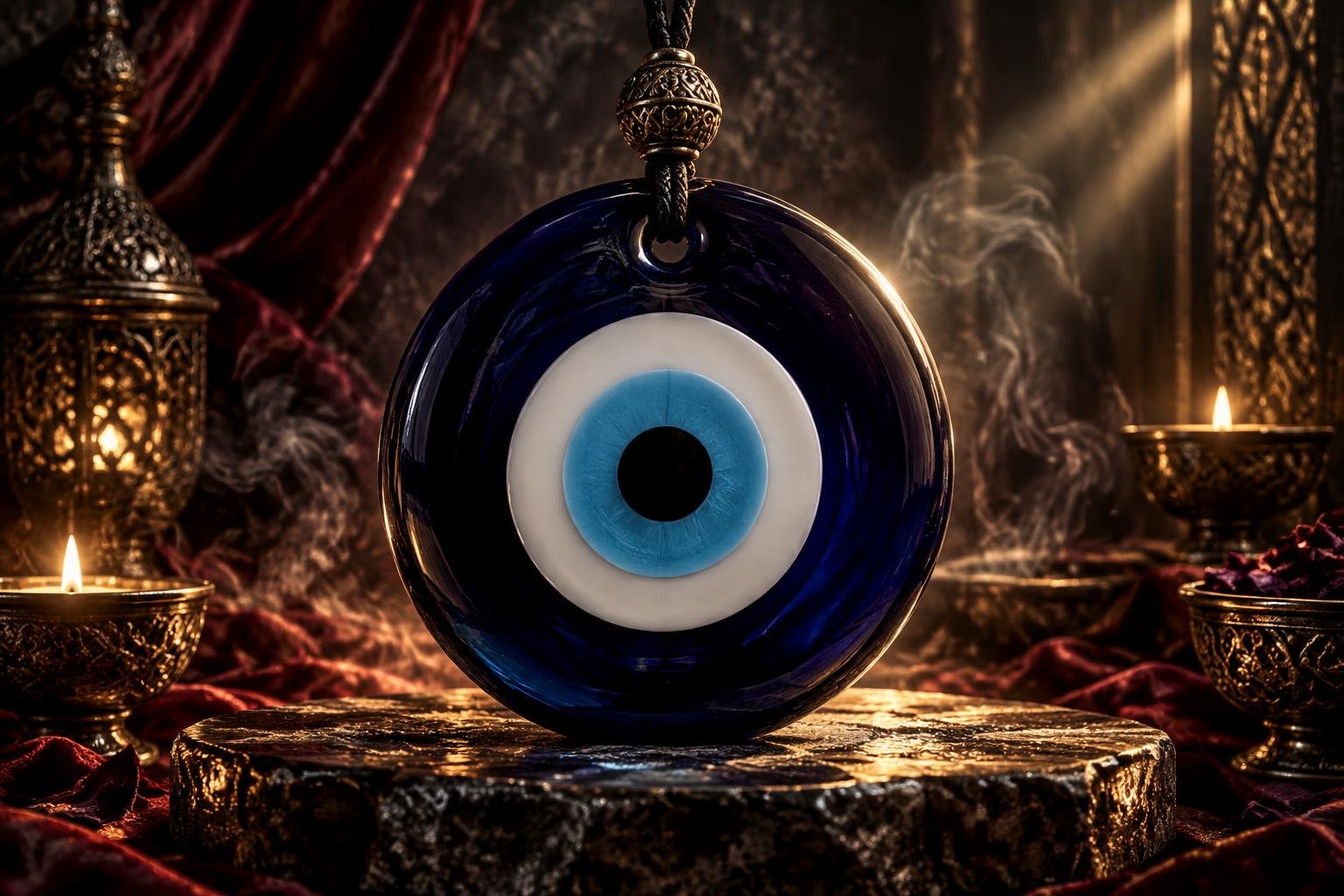 Large traditional evil-eye protection amulet in a dark cinematic setting