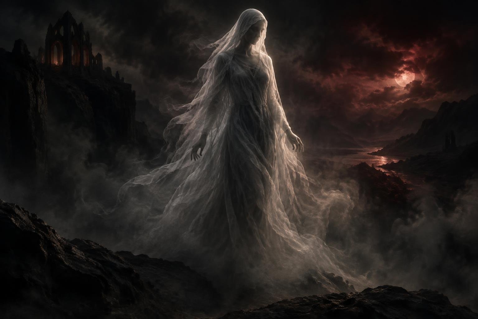 Visible spiritual entity surrounded by charcoal mist and cinematic light